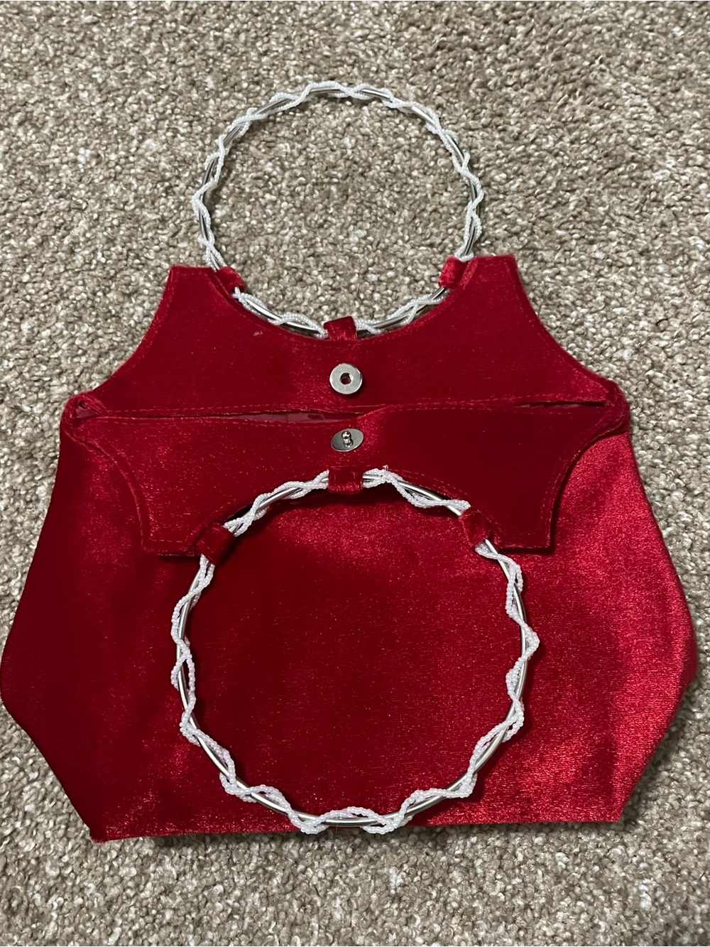 Vintage Red Beaded Ring Top Handle Bag, Silver-Tone Hardware, Magnetic Closure